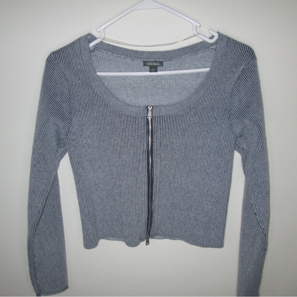 Light navy blue/greyish & white striped knit zip up sweater! #business-casual